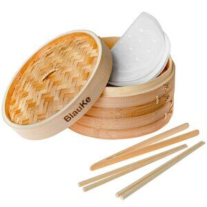 Bamboo Steamer Basket 25 cm with Chopsticks, Tongs, 50 Paper Liners – 2-Tier